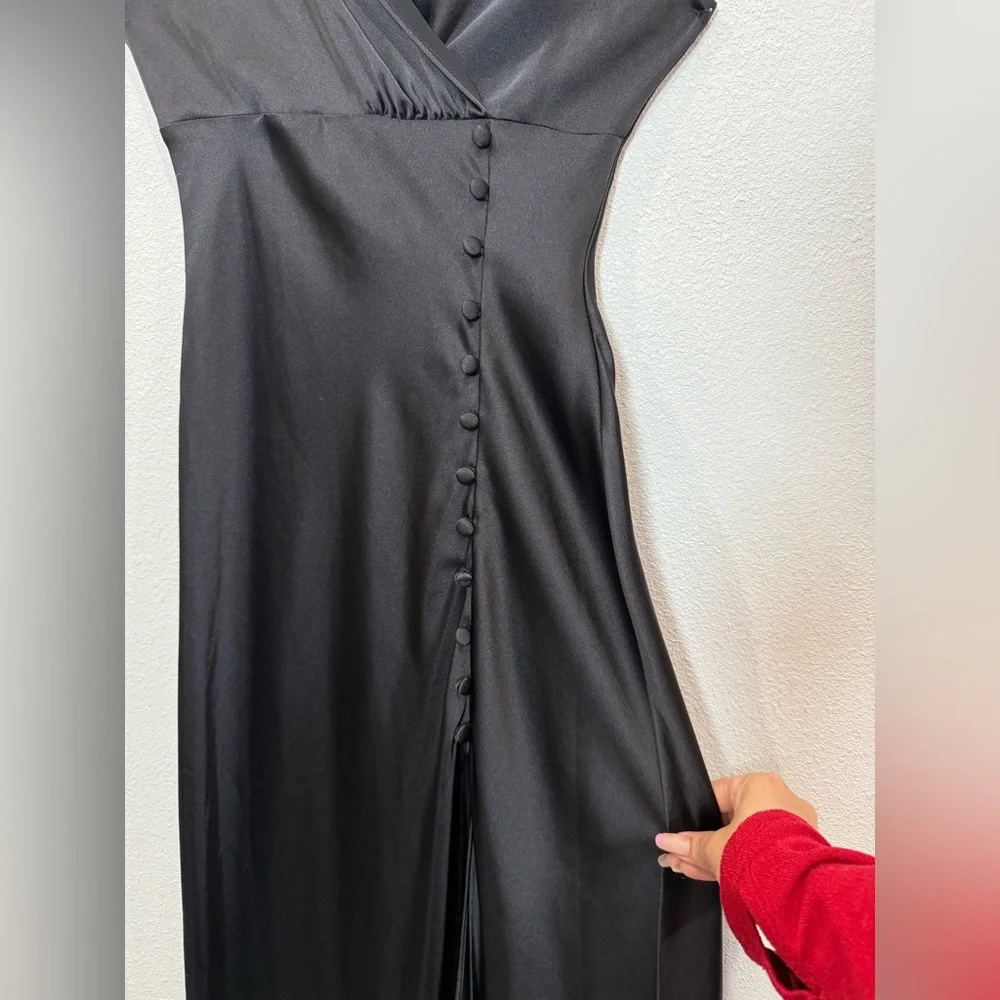 ZARA Black Satin Wrap Midi Dress XS | Side Button Slip Dress Elegant Minimalist - Picture 3 of 8